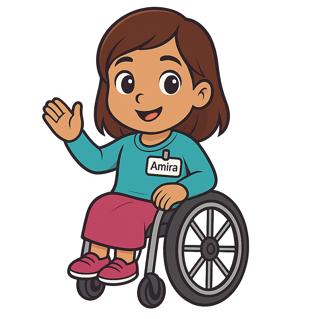 Cartoon character Amira smiling and waving